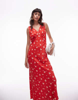 Topshop Double V Midi Slip Dress In Red Ditsy Print-black