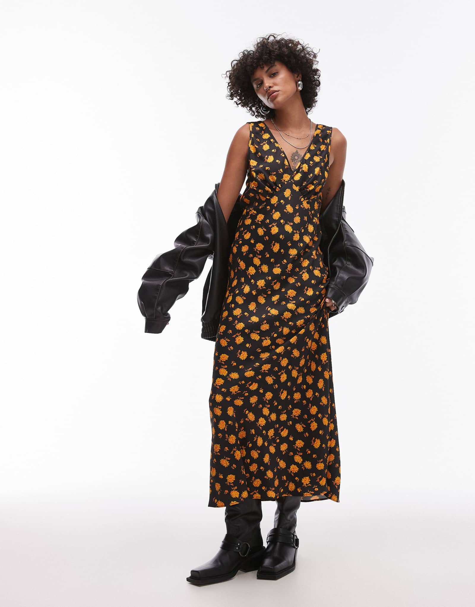 Винтажная миди-комбинация Topshop double V с цветочным принтом в оранжевом цвете