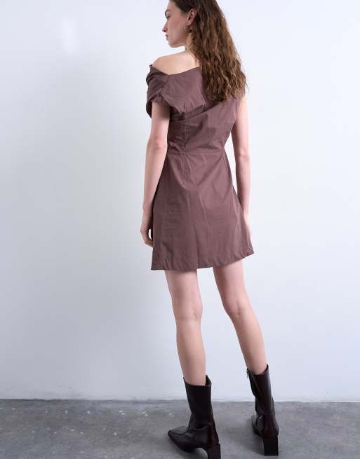 Topshop drape detail clean mini dress in chocolate