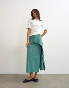 Model wearing Drape detail maxi skirt in green and blue check