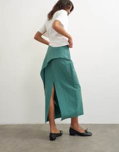 Model wearing Drape detail maxi skirt in green and blue check