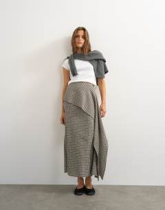 Model wearing Drape detail maxi skirt in green check