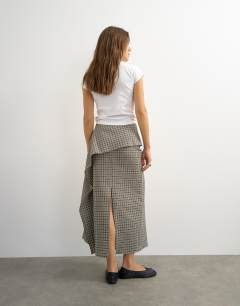 Model wearing Drape detail maxi skirt in green check