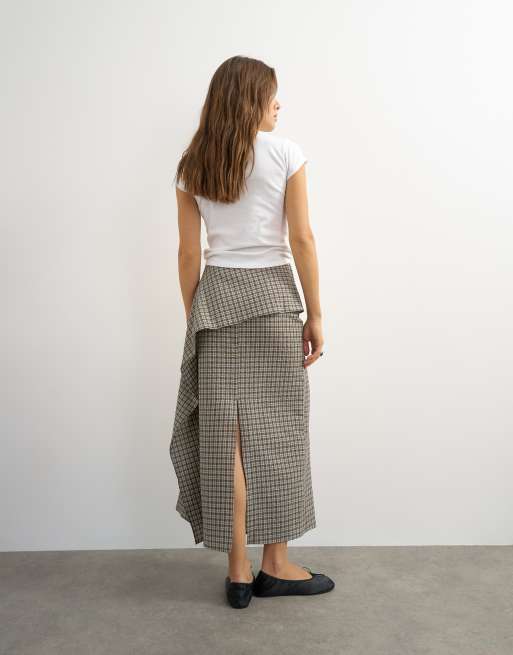 Topshop drape detail maxi skirt in green check, 3 of 5