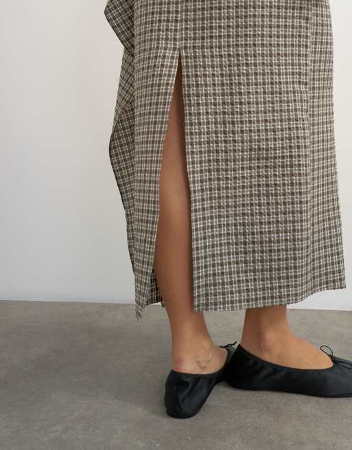 Topshop drape detail maxi skirt in green check, 4 of 5