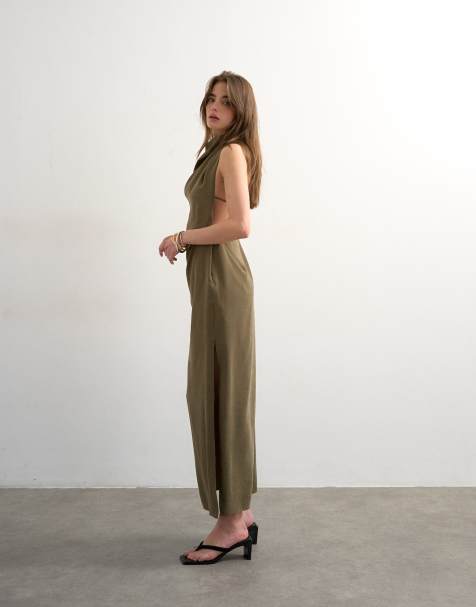 Topshop drape detail midi dress in green - view 1