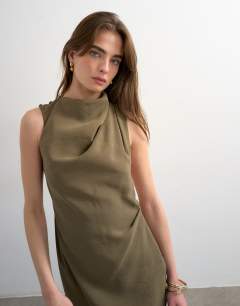 Model wearing Drape detail midi dress in green