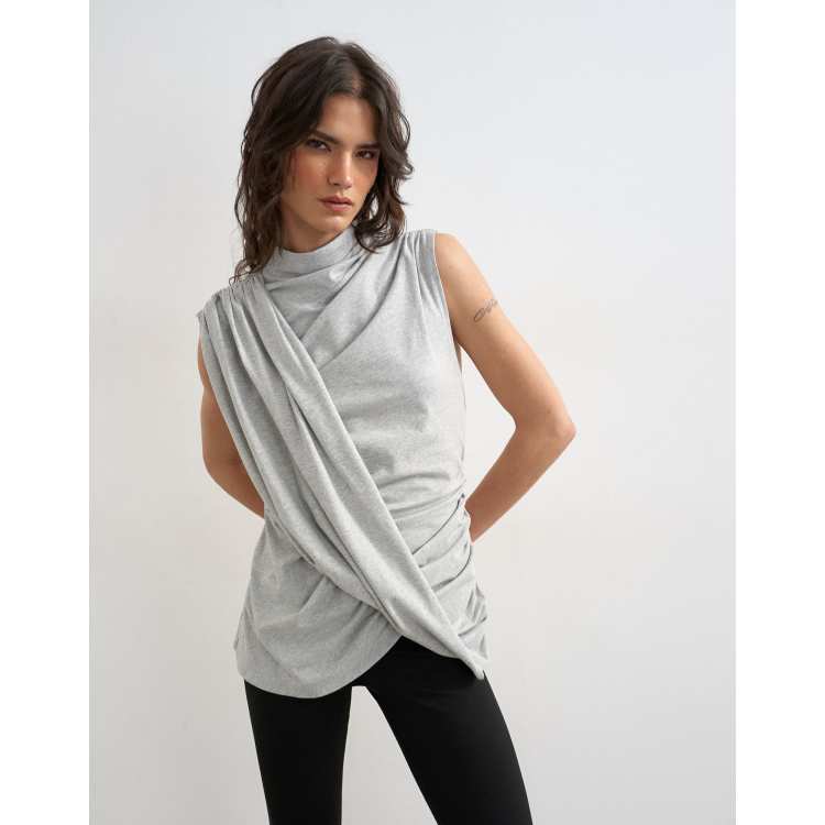 トップス GRAY THEREDTHREAD S LOOP DRAPE TOPS Topshop drape front heather tunic top in gray | ASOS