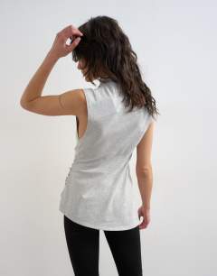 Model wearing Drape front marl tunic top in grey