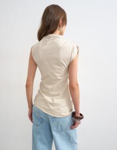 Model wearing Drape front marl tunic top in oat