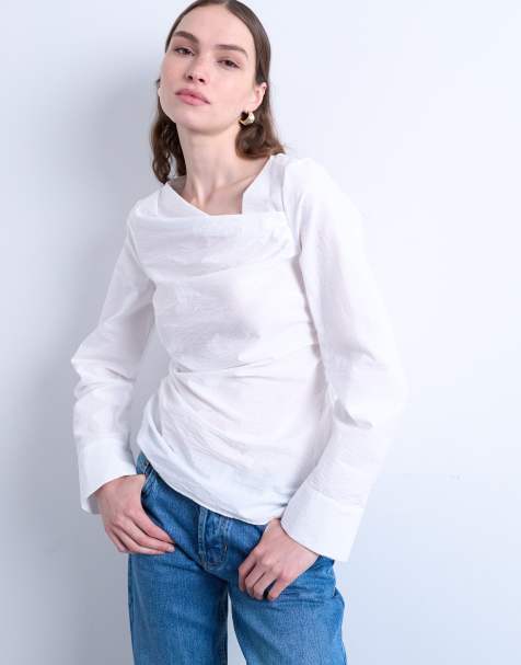 Topshop drape neck long sleeve top in white - view 1