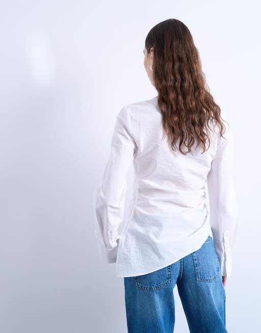 Topshop drape neck long sleeve top in white, 4 of 4