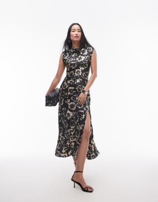 Topshop Drape Neck Maxi Dress In Blurred Mono Floral-multi