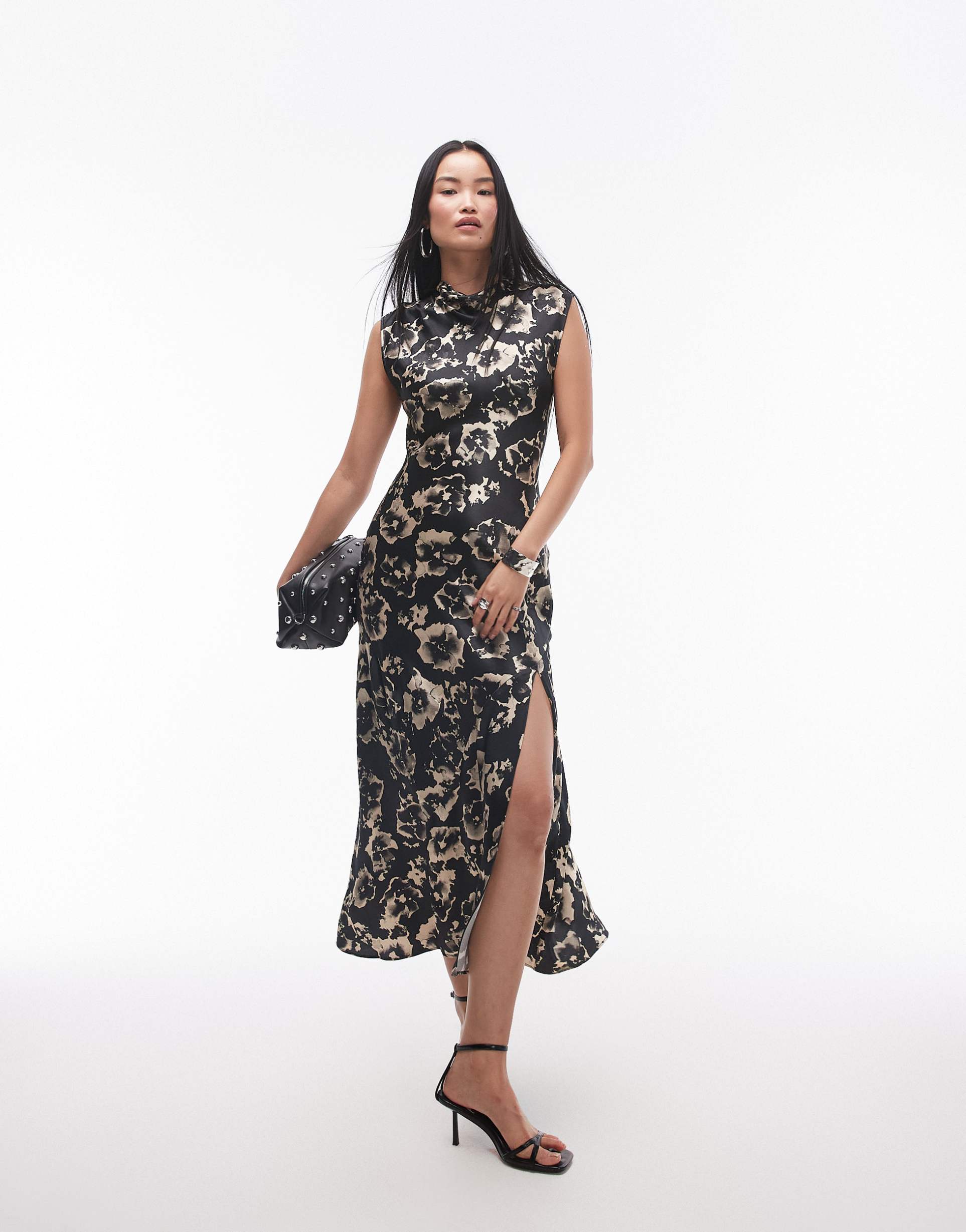 topshop drape neck maxi dress in blurred mono floral