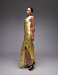 [Topshop] Topshop drape neck maxi dress in lime based floral-Green 16 Lime