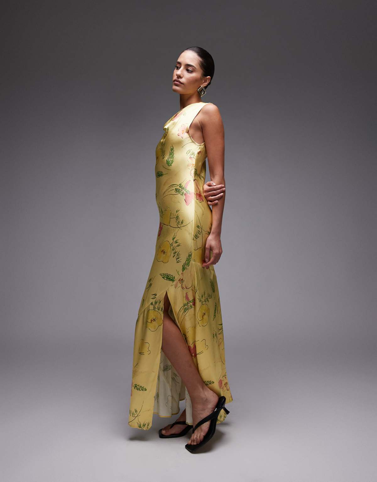 Topshop drape neck maxi dress in lime based floral