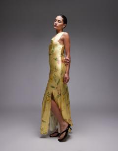 Drape neck maxi dress in lime based floral