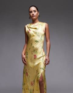 Model wearing Drape neck maxi dress in lime based floral
