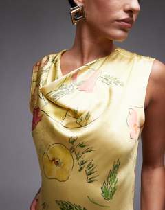 Model wearing Drape neck maxi dress in lime based floral