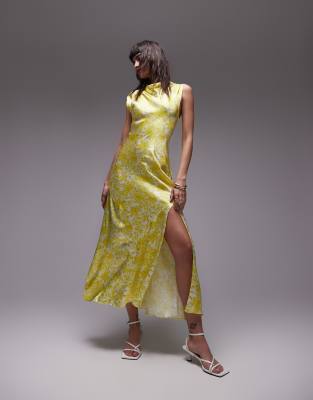 topshop drape neck maxi dress in lime floral