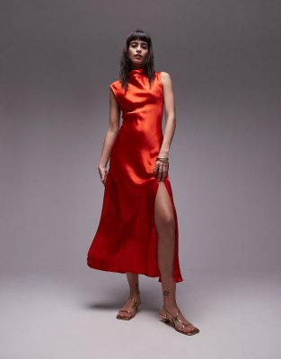 Topshop Drape Neck Maxi Dress In Red