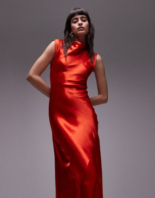 Topshop drape neck maxi dress in red