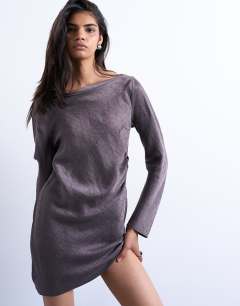 Drape neck mini dress in charcoal mauve cupro jacquard