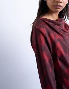 Model wearing Drape neck mini dress in wine floral
