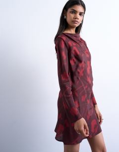 Model wearing Drape neck mini dress in wine floral