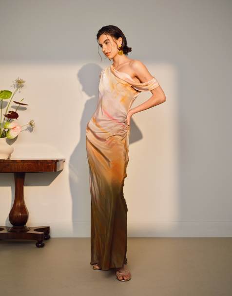 Topshop drape neck off shoulder maxi occasion dress in pastel ombre - view 1