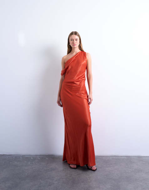 Topshop drape neck off shoulder maxi occasion dress in rust - view 1