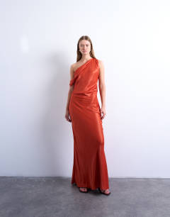 Drape neck off shoulder maxi occasion dress in rust