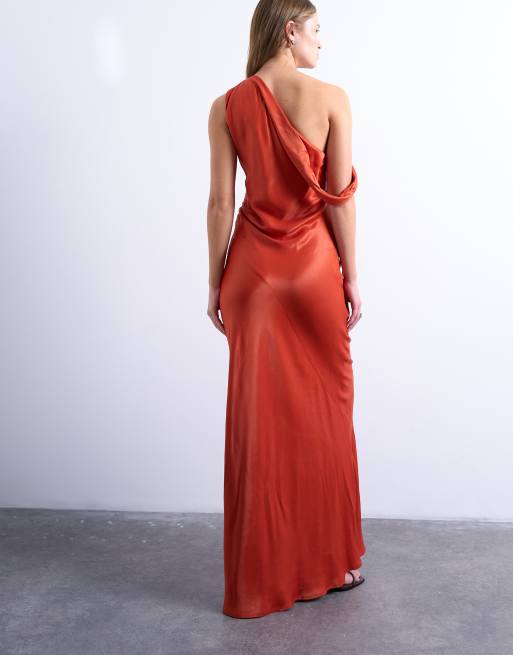 Topshop drape neck off shoulder maxi occasion dress in rust ASOS
