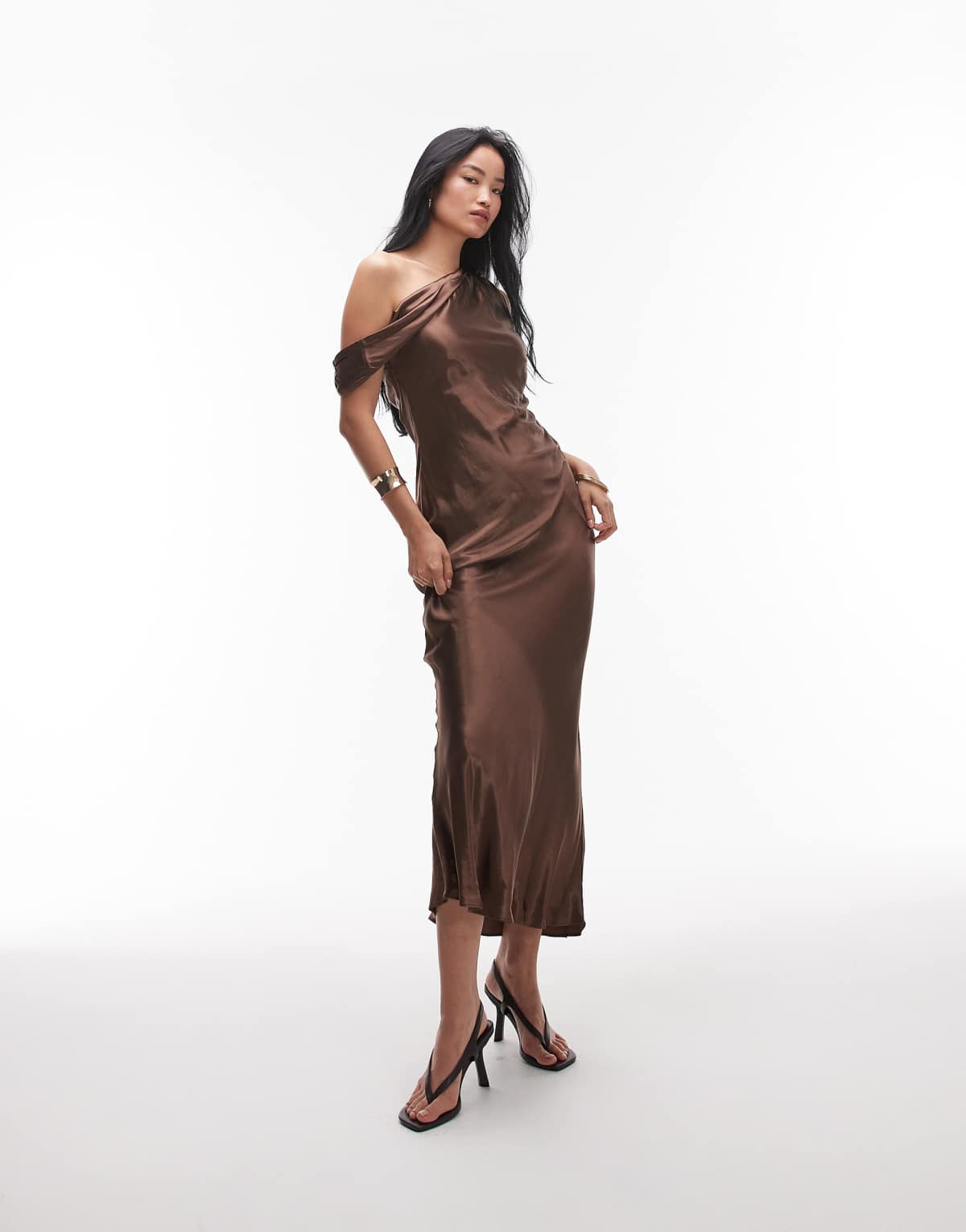 Topshop drape neck off shoulder midi occasion dress in chocolate