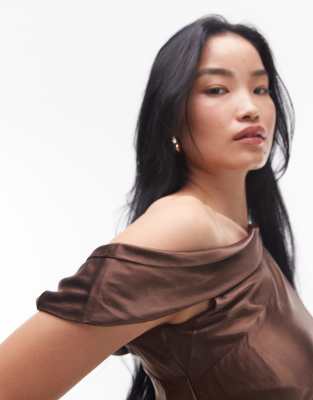 Topshop drape neck off shoulder midi occasion dress in chocolate