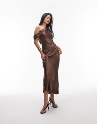 drape neck off the shoulder midi occasion dress in chocolate-Green