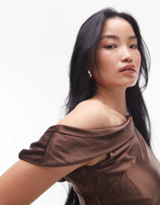 Topshop drape neck off shoulder midi occasion dress in chocolate