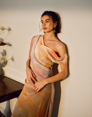 Topshop Drape Neck Off The Shoulder Midi Occasion Dress In Multi