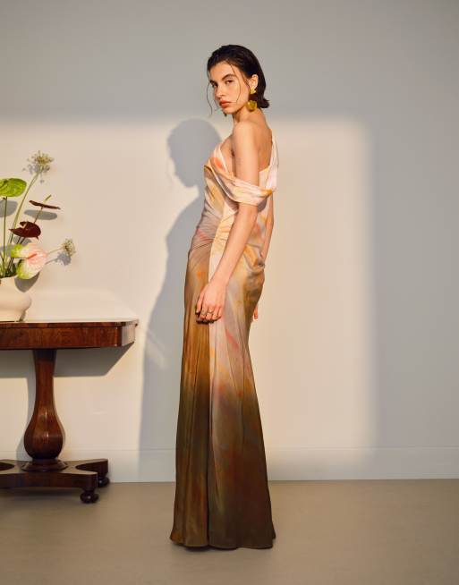 Topshop drape neck off shoulder maxi occasion dress in pastel ombre