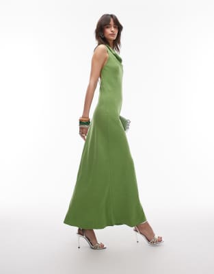 Topshop Drape Neck Open Back Midi Dress In Green