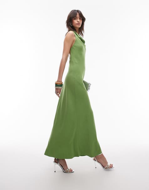 Topshop drape neck open back midi dress in green - view 1