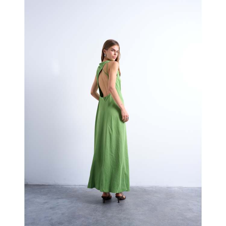 Topshop drape neck open back midi dress in green | ASOS