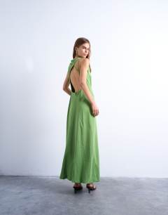 Drape neck open back midi dress in green