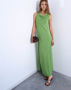 Model wearing Drape neck open back midi dress in green