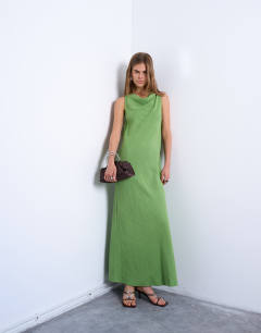 Model wearing Drape neck open back midi dress in green