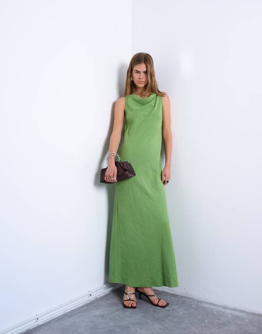 Topshop drape neck open back midi dress in green