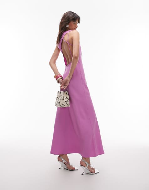Topshop drape neck open back midi dress in pink - view 1