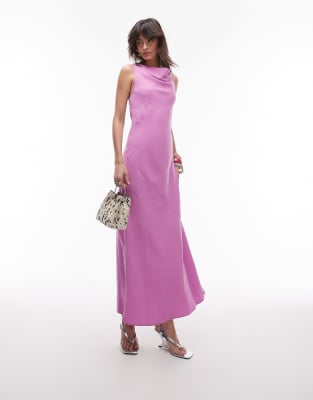 Topshop drape neck open back midi dress in pink