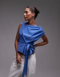 [Topshop] Topshop drape neck top in blue check 12 BLUE