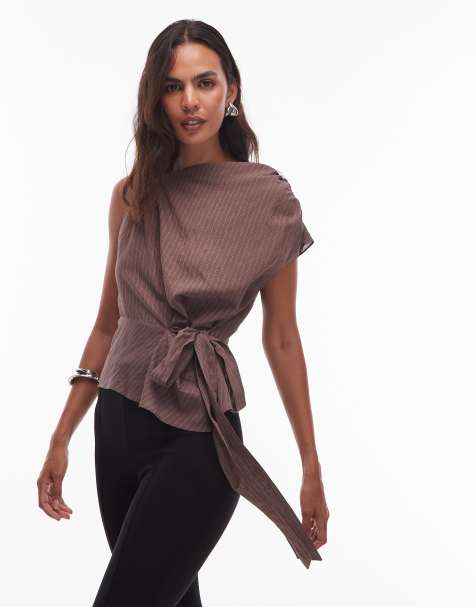 Topshop drape neck top in chocolate stripe (Part of a set) - view 1